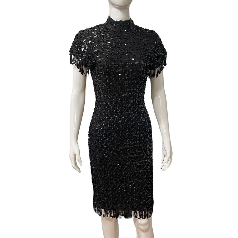 Vintage Shuet Young HW Collections Black Party Cocktail Sequin Dress Fringe 5/6